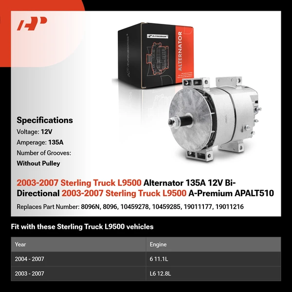 2003-2007 Sterling Truck L9500 Alternator 135A 12V Bi-Directional 2003-2007 Sterling Truck L9500 A-Premium APALT510