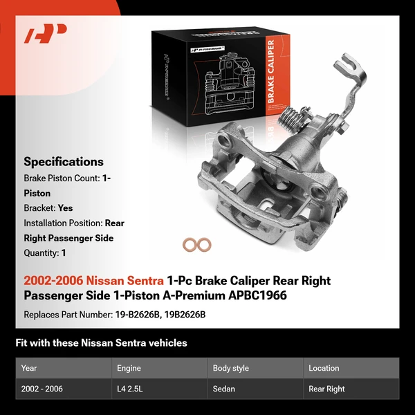 2002-2006 Nissan Sentra 1-Pc Brake Caliper Rear Right Passenger Side 1-Piston A-Premium APBC1966