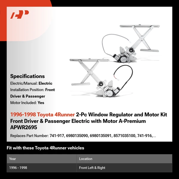 1996-1998 Toyota 4Runner 2-Pc Window Regulator and Motor Kit Front Driver & Passenger Electric with Motor A-Premium APWR2695