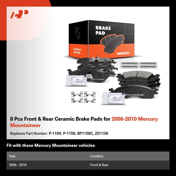 8 Pcs Front & Rear Ceramic Brake Pads for 2006-2010 Mercury Mountaineer