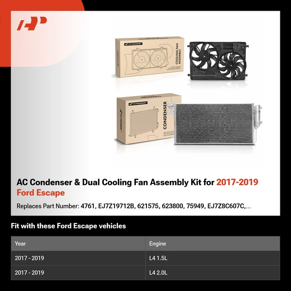 AC Condenser & Dual Cooling Fan Assembly Kit for 2017-2019 Ford Escape