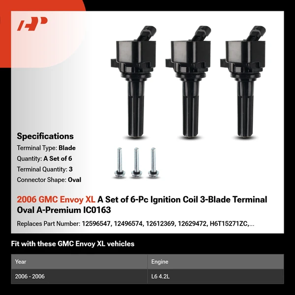 2006 GMC Envoy XL A Set of 6-Pc Ignition Coil 3-Blade Terminal Oval A-Premium IC0163