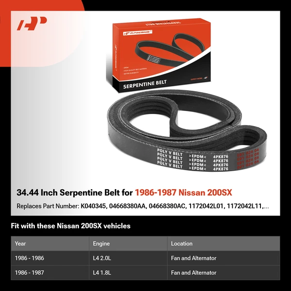 34.44 Inch Serpentine Belt for 1986-1987 Nissan 200SX