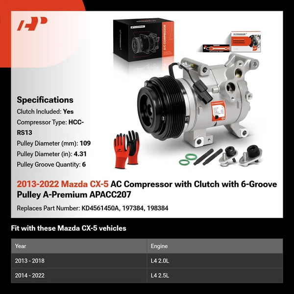 2013-2022 Mazda CX-5 AC Compressor with Clutch with 6-Groove Pulley A-Premium APACC207