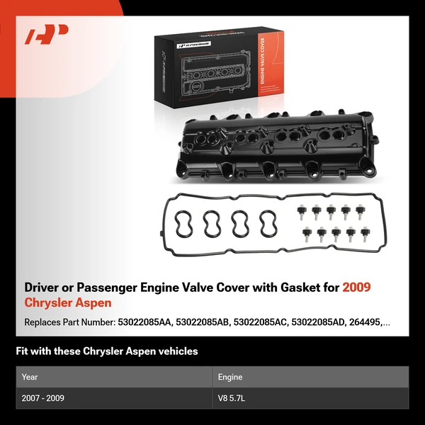 Driver or Passenger Engine Valve Cover with Gasket for 2009 Chrysler Aspen