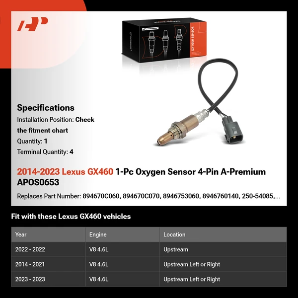 2014-2023 Lexus GX460 1-Pc Oxygen Sensor 4-Pin A-Premium APOS0653