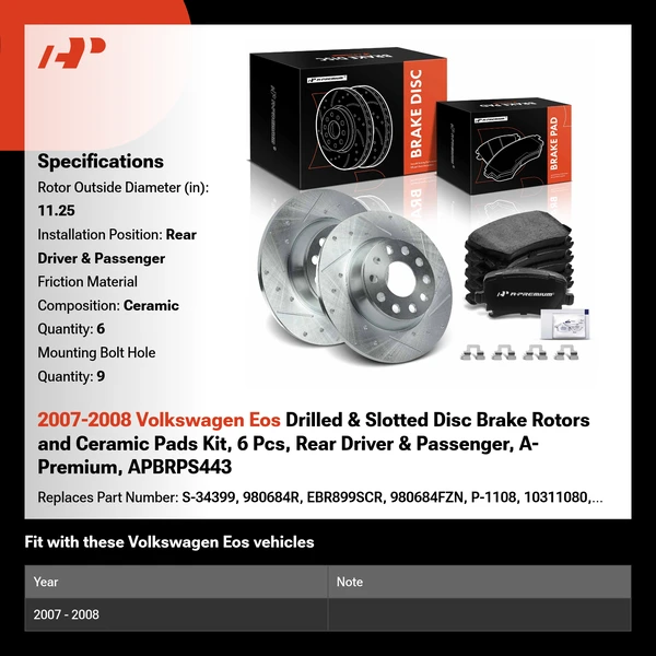 2007-2008 Volkswagen Eos Drilled & Slotted Disc Brake Rotors and Ceramic Pads Kit, 6 Pcs, Rear Driver & Passenger, A-Premium, APBRPS443
