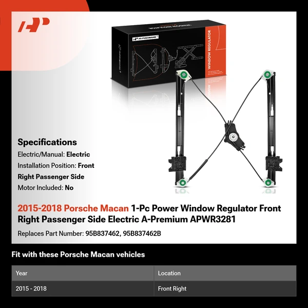 2015-2018 Porsche Macan 1-Pc Power Window Regulator Front Right Passenger Side Electric A-Premium APWR3281