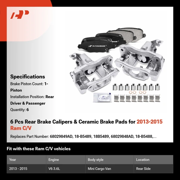 6 Pcs Rear Brake Calipers & Ceramic Brake Pads for 2013-2015 Ram C/V
