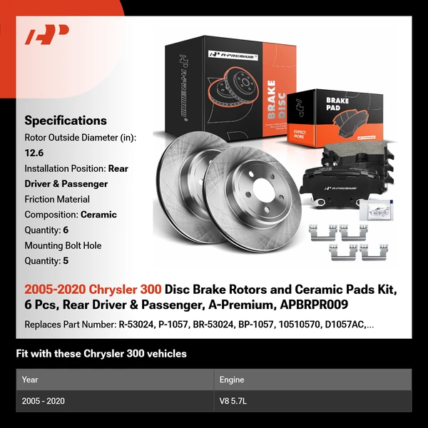 2005-2020 Chrysler 300 Disc Brake Rotors and Ceramic Pads Kit, 6 Pcs, Rear Driver & Passenger, A-Premium, APBRPR009