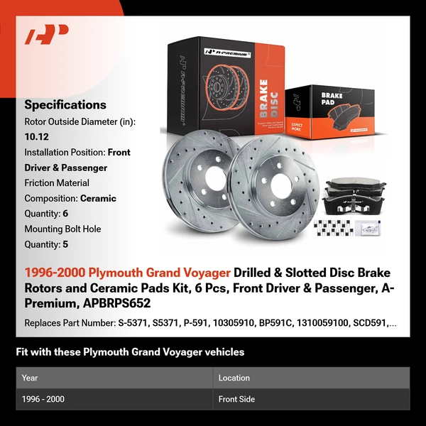 1996-2000 Plymouth Grand Voyager Drilled & Slotted Disc Brake Rotors and Ceramic Pads Kit, 6 Pcs, Front Driver & Passenger, A-Premium, APBRPS652