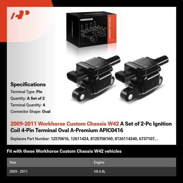 2009-2011 Workhorse Custom Chassis W42 A Set of 2-Pc Ignition Coil 4-Pin Terminal Oval A-Premium APIC0416