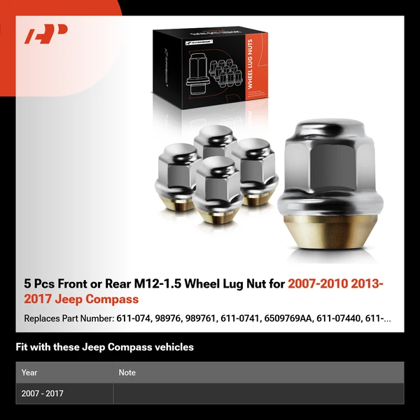 5 Pcs Front or Rear M12-1.5 Wheel Lug Nut for 2007-2010 2013-2017 Jeep Compass