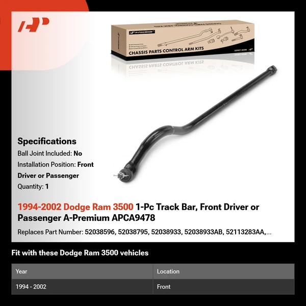 1994-2002 Dodge Ram 3500 1-Pc Track Bar, Front Driver or Passenger A-Premium APCA9478