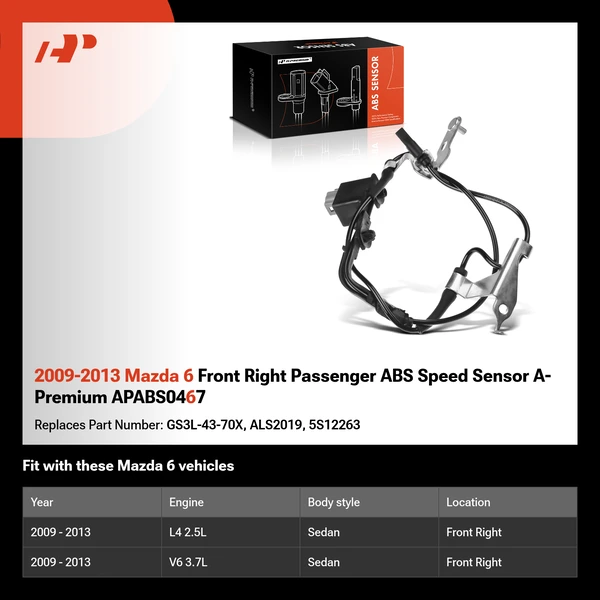 2009-2013 Mazda 6 Front Right Passenger ABS Speed Sensor A-Premium APABS0467