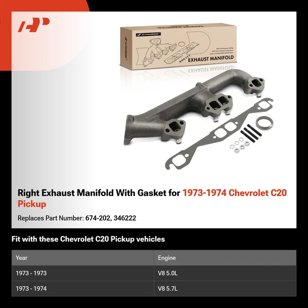 Right Exhaust Manifold With Gasket for 1973-1974 Chevrolet C20 Pickup