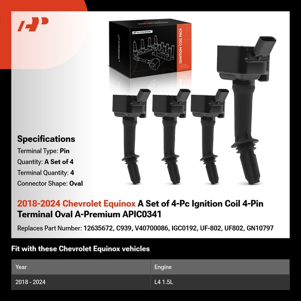 2018-2024 Chevrolet Equinox A Set of 4-Pc Ignition Coil 4-Pin Terminal Oval A-Premium APIC0341