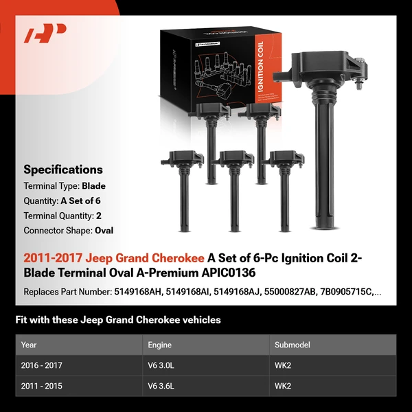 2011-2017 Jeep Grand Cherokee A Set of 6-Pc Ignition Coil 2-Blade Terminal Oval A-Premium APIC0136