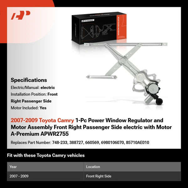 2007-2009 Toyota Camry 1-Pc Power Window Regulator and Motor Assembly Front Right Passenger Side electric with Motor A-Premium APWR2755