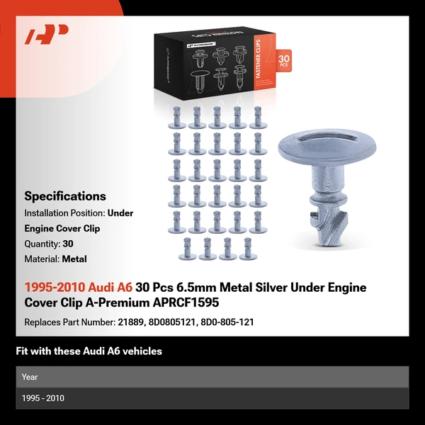 1995-2010 Audi A6 30 Pcs 6.5mm Metal Silver Under Engine Cover Clip A-Premium APRCF1595