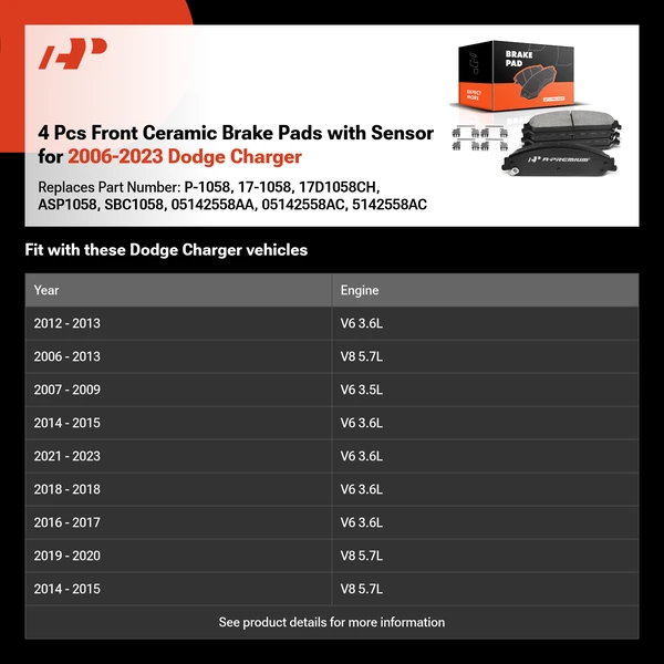 4 Pcs Front Ceramic Brake Pads with Sensor for 2006-2023 Dodge Charger