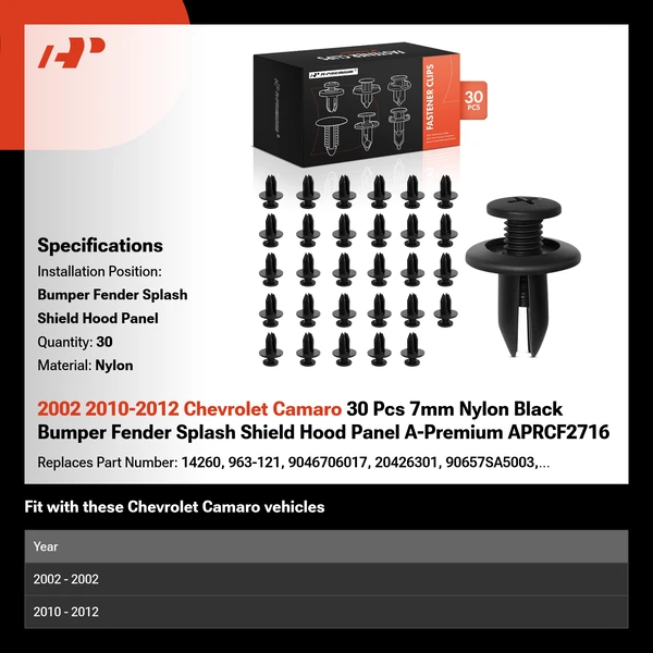 2002 2010-2012 Chevrolet Camaro 30 Pcs 7mm Nylon Black Bumper Fender Splash Shield Hood Panel A-Premium APRCF2716