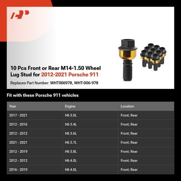 10 Pcs Front or Rear M14-1.50 Wheel Lug Stud for 2012-2021 Porsche 911