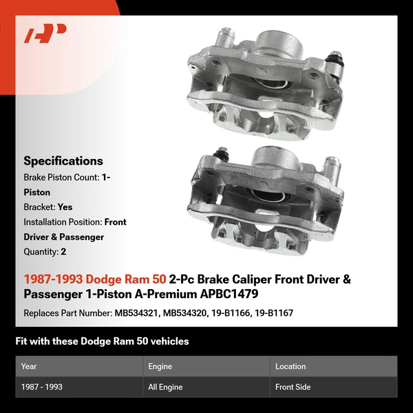 1987-1993 Dodge Ram 50 2-Pc Brake Caliper Front Driver & Passenger 1-Piston A-Premium APBC1479