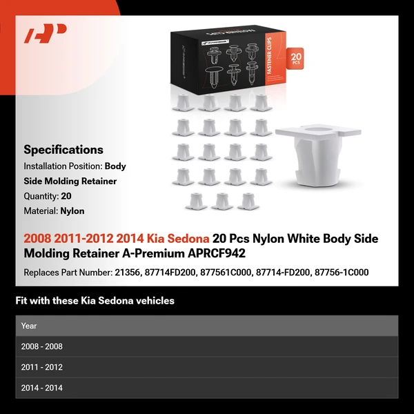 2008 2011-2012 2014 Kia Sedona 20 Pcs Nylon White Body Side Molding Retainer A-Premium APRCF942
