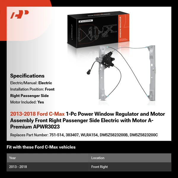 2013-2018 Ford C-Max 1-Pc Power Window Regulator and Motor Assembly Front Right Passenger Side Electric with Motor A-Premium APWR3023