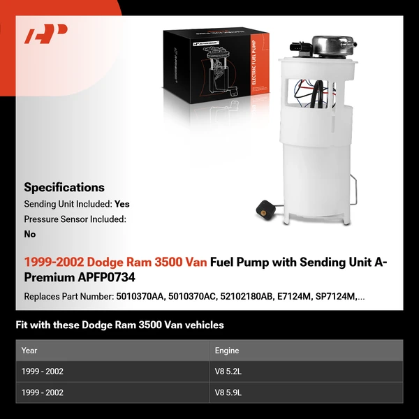 1999-2002 Dodge Ram 3500 Van Fuel Pump with Sending Unit A-Premium APFP0734