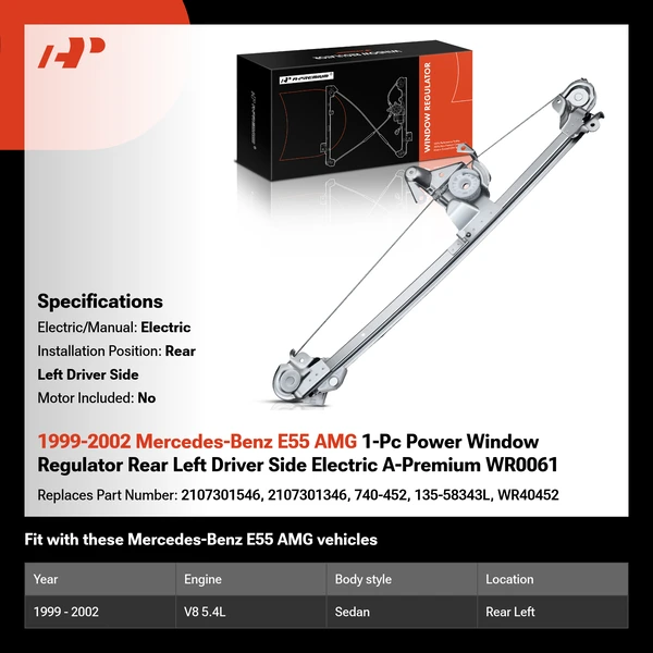 1999-2002 Mercedes-Benz E55 AMG 1-Pc Power Window Regulator Rear Left Driver Side Electric A-Premium WR0061