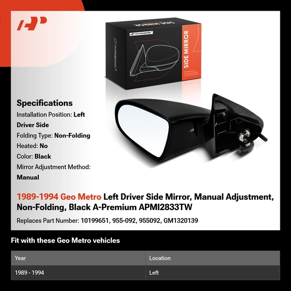 1989-1994 Geo Metro Left Driver Side Mirror, Manual Adjustment, Non-Folding, Black A-Premium APMI2833TW