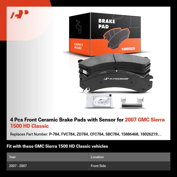 4 Pcs Front Ceramic Brake Pads with Sensor for 2007 GMC Sierra 1500 HD Classic