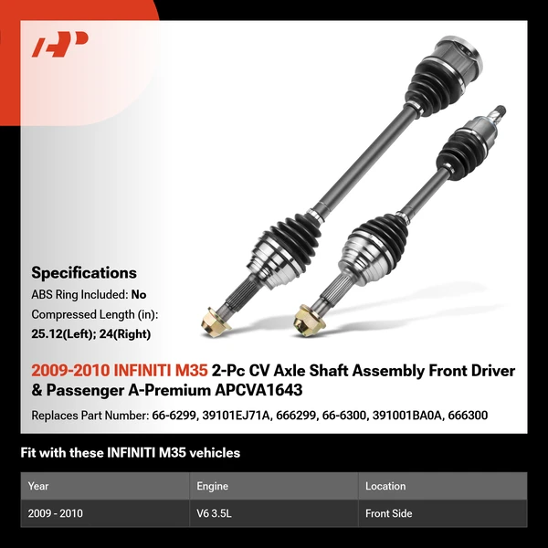 2009-2010 INFINITI M35 2-Pc CV Axle Shaft Assembly Front Driver & Passenger A-Premium APCVA1643