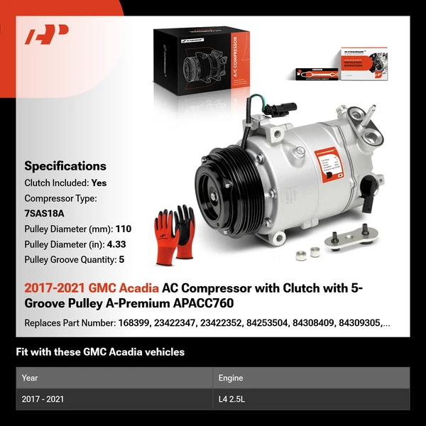 2017-2021 GMC Acadia AC Compressor with Clutch with 5-Groove Pulley A-Premium APACC760