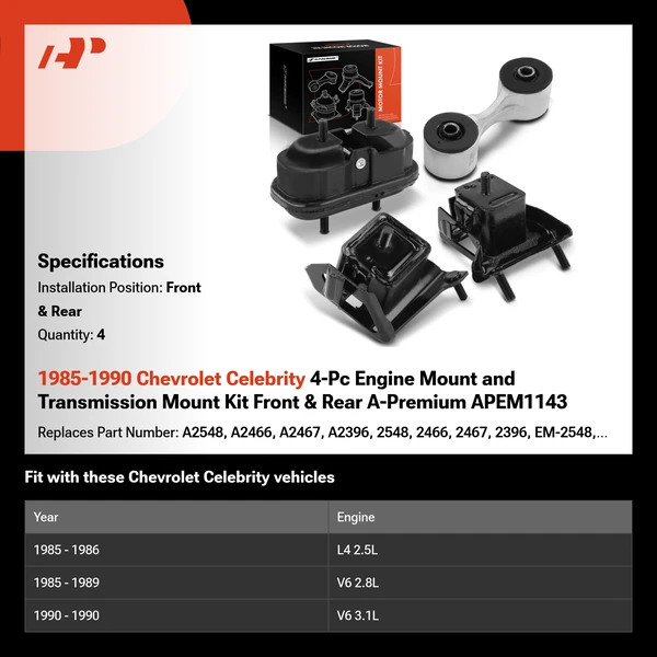 1985-1990 Chevrolet Celebrity 4-Pc Engine Mount and Transmission Mount Kit Front & Rear A-Premium APEM1143