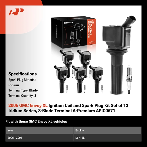 2006 GMC Envoy XL Ignition Coil and Spark Plug Kit Set of 12 Iridium Series, 3-Blade Terminal A-Premium APIC0671