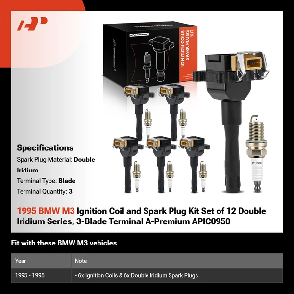 1995 BMW M3 Ignition Coil and Spark Plug Kit Set of 12 Double Iridium Series, 3-Blade Terminal A-Premium APIC0950