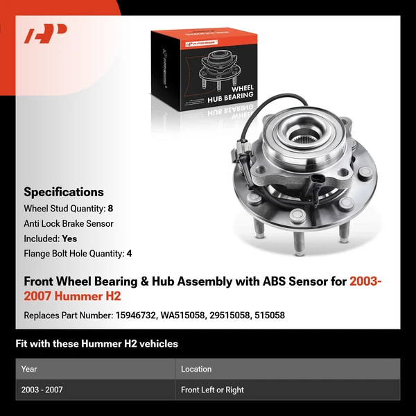 Front Wheel Bearing & Hub Assembly with ABS Sensor for 2003-2007 Hummer H2