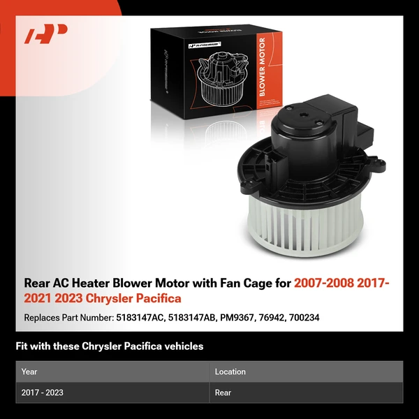 Rear AC Heater Blower Motor with Fan Cage for 2007-2008 2017-2021 2023 Chrysler Pacifica