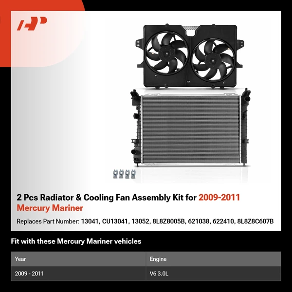 2 Pcs Radiator & Cooling Fan Assembly Kit for 2009-2011 Mercury Mariner