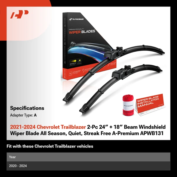 2021-2024 Chevrolet Trailblazer 2-Pc 24″ + 18″ Beam Windshield Wiper Blade All Season, Quiet, Streak Free A-Premium APWB131