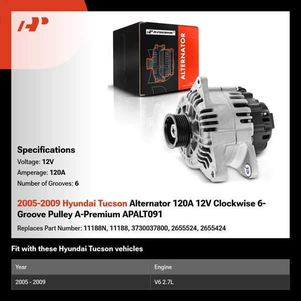2005-2009 Hyundai Tucson Alternator 120A 12V Clockwise 6-Groove Pulley A-Premium APALT091