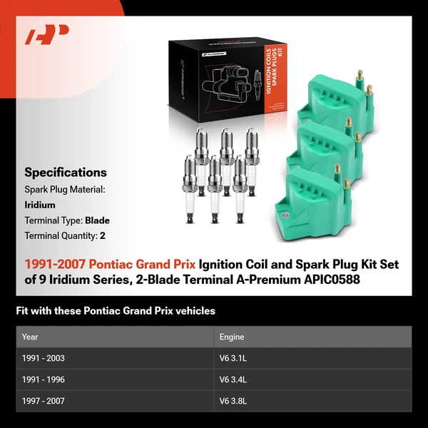 1991-2007 Pontiac Grand Prix Ignition Coil and Spark Plug Kit Set of 9 Iridium Series, 2-Blade Terminal A-Premium APIC0588
