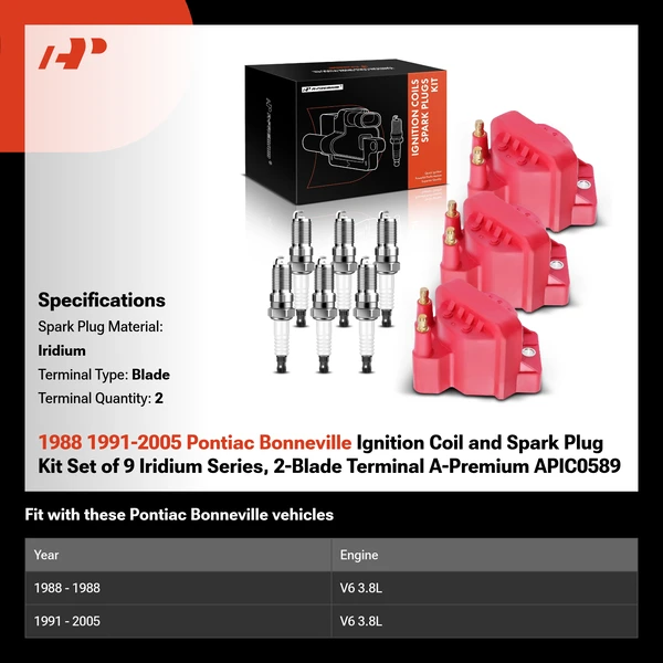 1988 1991-2005 Pontiac Bonneville Ignition Coil and Spark Plug Kit Set of 9 Iridium Series, 2-Blade Terminal A-Premium APIC0589