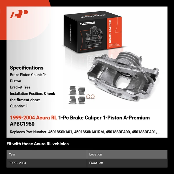1999-2004 Acura RL 1-Pc Brake Caliper 1-Piston A-Premium APBC1950