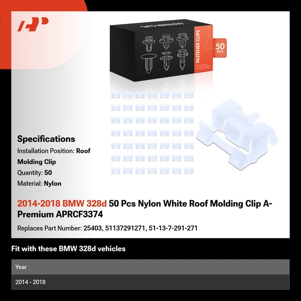 2014-2018 BMW 328d 50 Pcs Nylon White Roof Molding Clip A-Premium APRCF3374