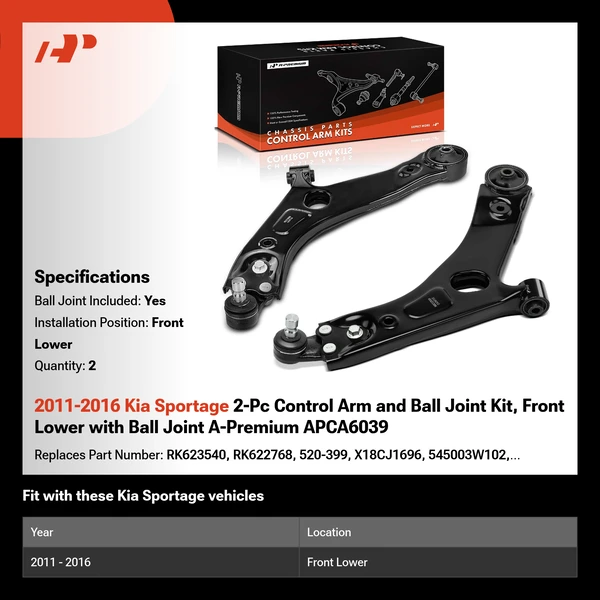 2011-2016 Kia Sportage 2-Pc Control Arm and Ball Joint Kit, Front Lower with Ball Joint A-Premium APCA6039