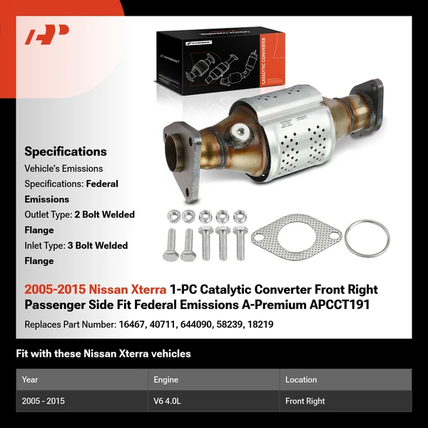 2005-2015 Nissan Xterra 1-PC Catalytic Converter Front Right Passenger Side Fit Federal Emissions A-Premium APCCT191